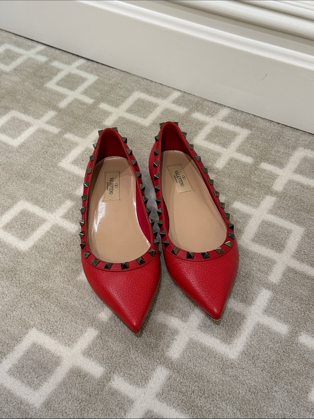Valentino Red Leather Studded Pointed Flats